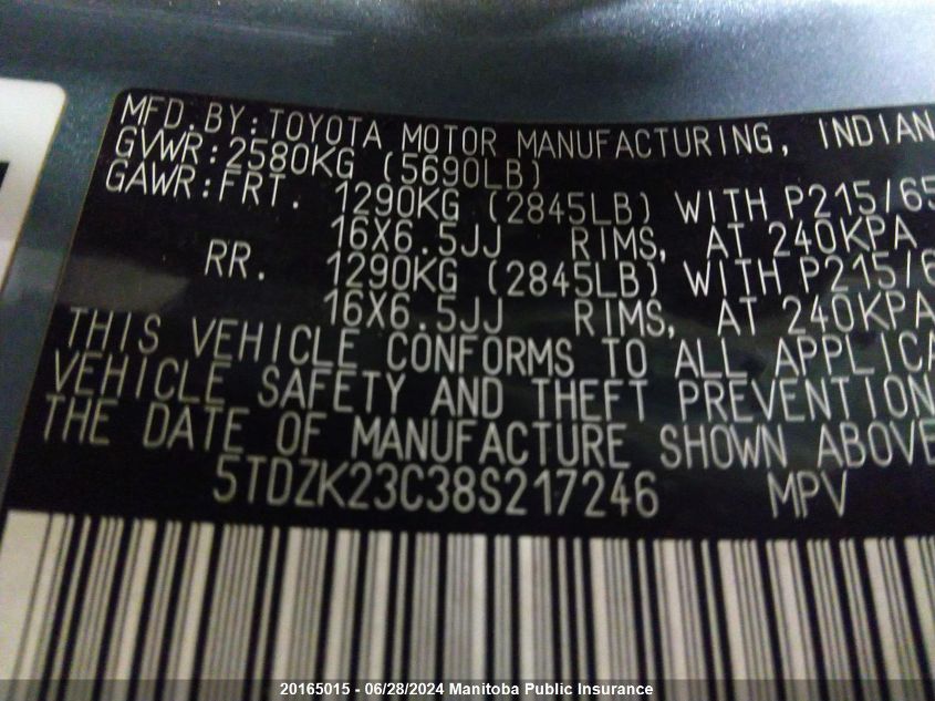 2008 Toyota Sienna Le V6 VIN: 5TDZK23C38S217246 Lot: 20165015