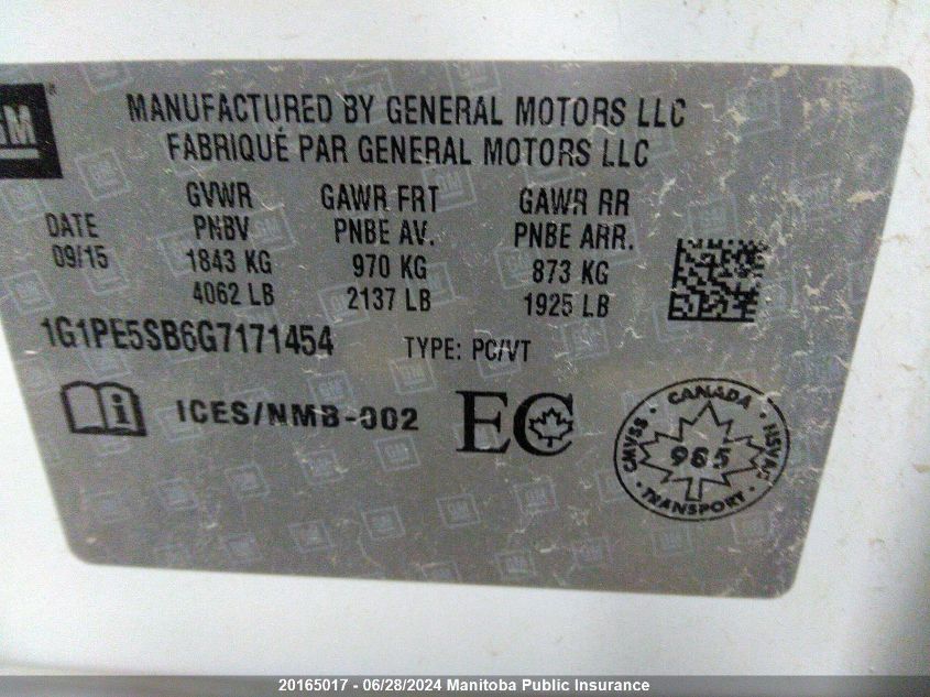 2016 Chevrolet Cruze Lt Turbo VIN: 1G1PE5SB6G7171454 Lot: 20165017