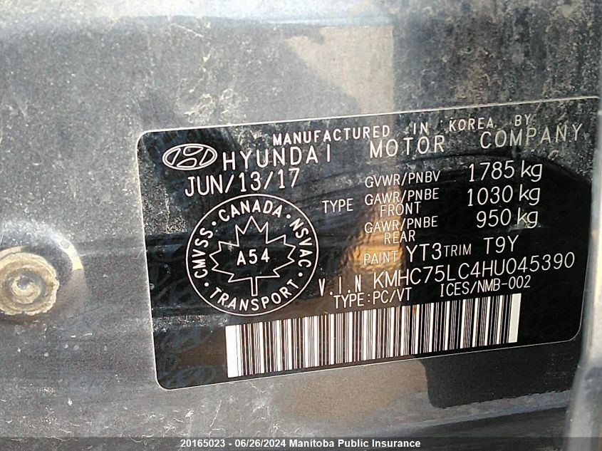 2017 Hyundai Ioniq Blue Hybrid VIN: KMHC75LC4HU045390 Lot: 20165023