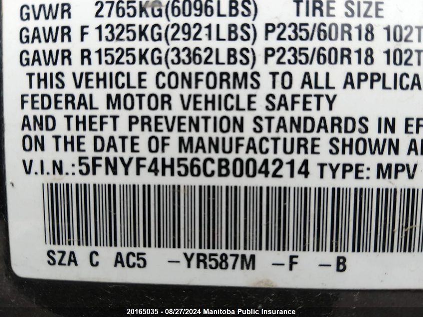 2012 Honda Pilot Ex-L VIN: 5FNYF4H56CB004214 Lot: 20165035