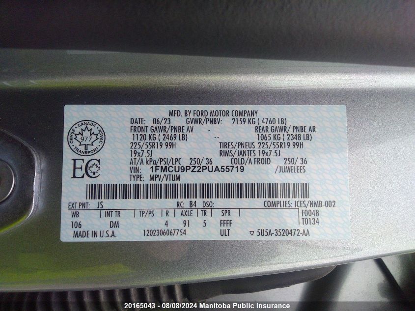 2023 Ford Escape St Line Elite Hybrid VIN: 1FMCU9PZ2PUA55719 Lot: 20165043