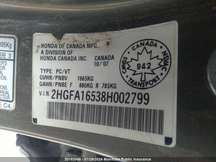 2008 Honda Civic Lx VIN: 2HGFA16538H002799 Lot: 20165048