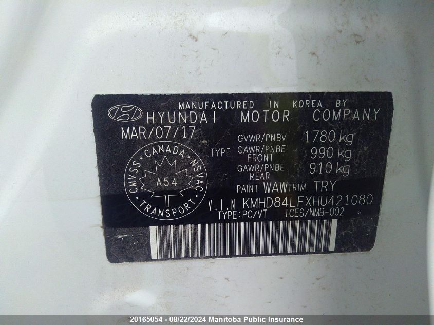 2017 Hyundai Elantra Gl VIN: KMHD84LFXHU421080 Lot: 20165054