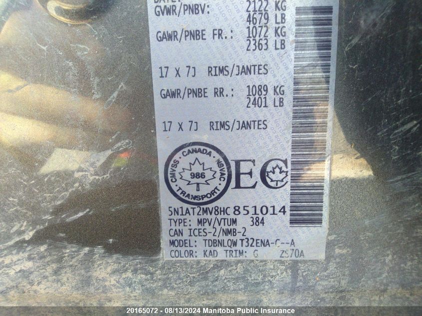 2017 Nissan Rogue Sv VIN: 5N1AT2MV8HC851014 Lot: 20165072