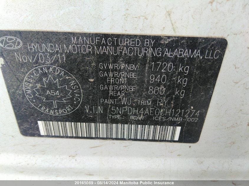 2012 Hyundai Elantra Limited VIN: 5NPDH4AE0CH121274 Lot: 20165089