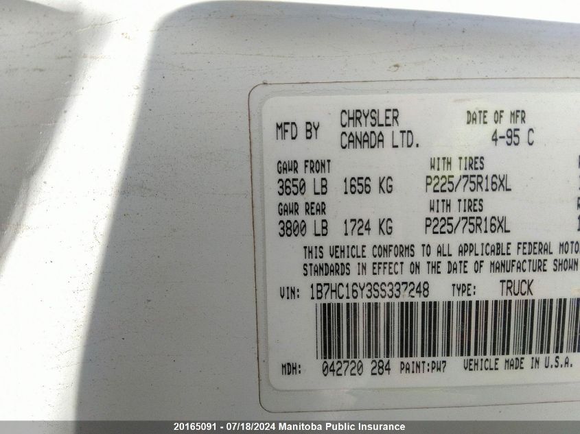 1995 Dodge Ram 1500 VIN: 1B7HC16Y3SS337248 Lot: 20165091