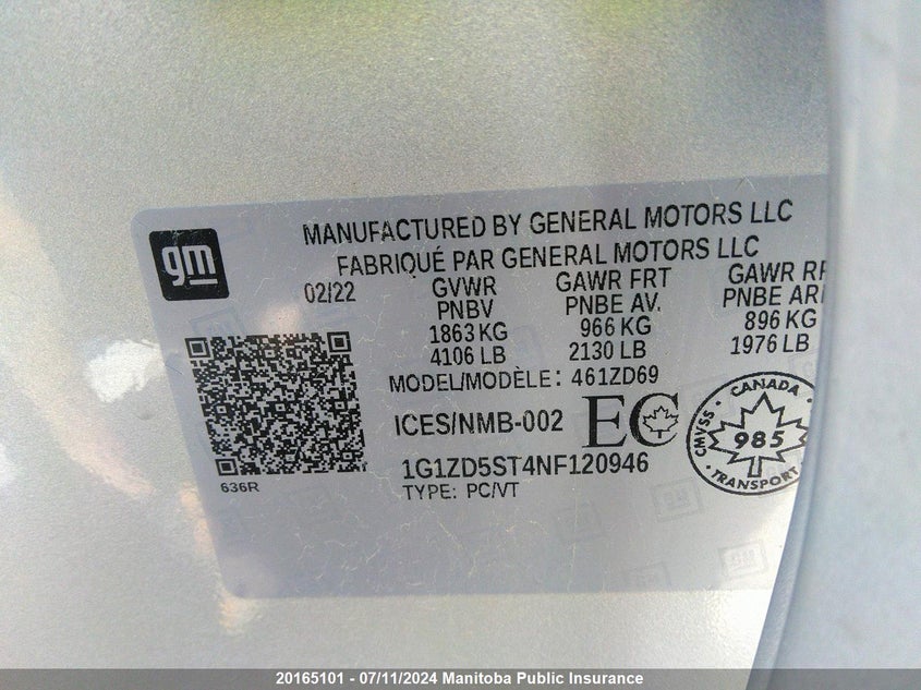 2022 Chevrolet Malibu Lt VIN: 1G1ZD5ST4NF120946 Lot: 20165101