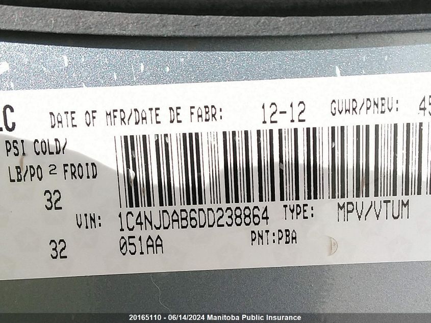 2013 Jeep Compass Sport VIN: 1C4NJDAB6DD238864 Lot: 20165110