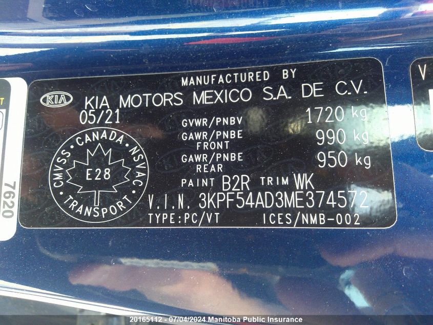 2021 Kia Forte Ex+ VIN: 3KPF54AD3ME374572 Lot: 20165112