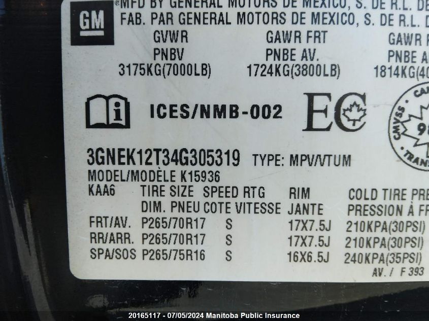 2004 Chevrolet Avalanche 1500 VIN: 3GNEK12T34G305319 Lot: 20165117