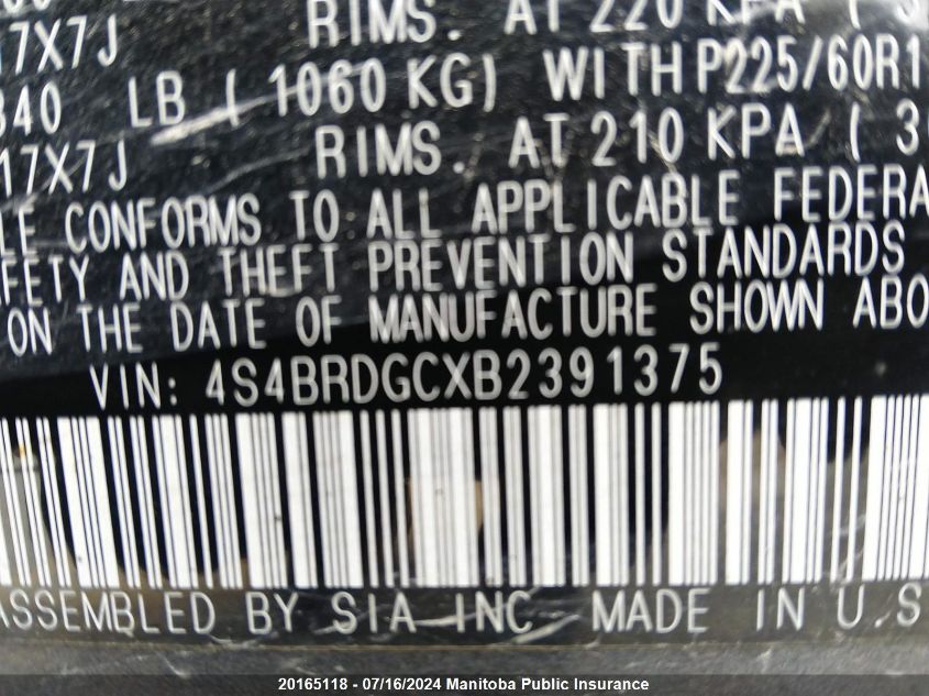 2011 Subaru Outback 3.6R Limited VIN: 4S4BRDGCXB2391375 Lot: 20165118