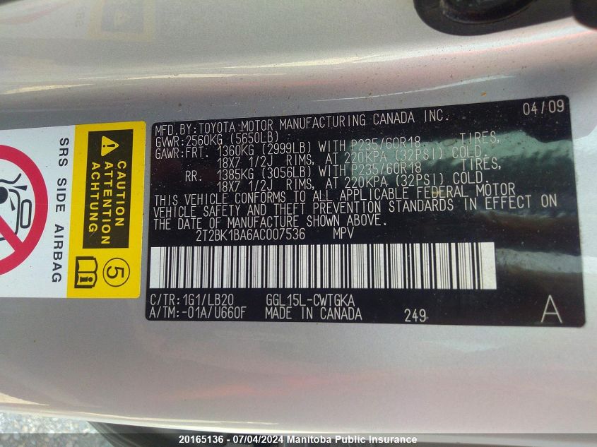 2010 Lexus Rx350 VIN: 2T2BK1BA6AC007536 Lot: 20165136