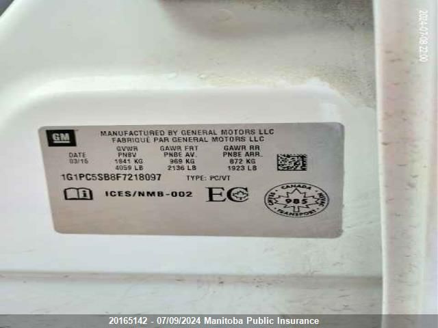 2015 Chevrolet Cruze Lt Turbo VIN: 1G1PC5SB8F7218097 Lot: 20165142