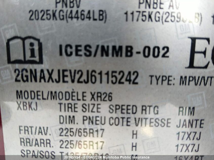 2018 Chevrolet Equinox Lt VIN: 2GNAXJEV2J6115242 Lot: 20165154