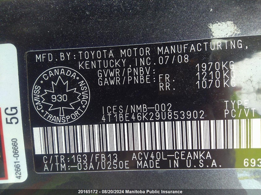 2009 Toyota Camry VIN: 4T1BE46K29U853902 Lot: 20165172