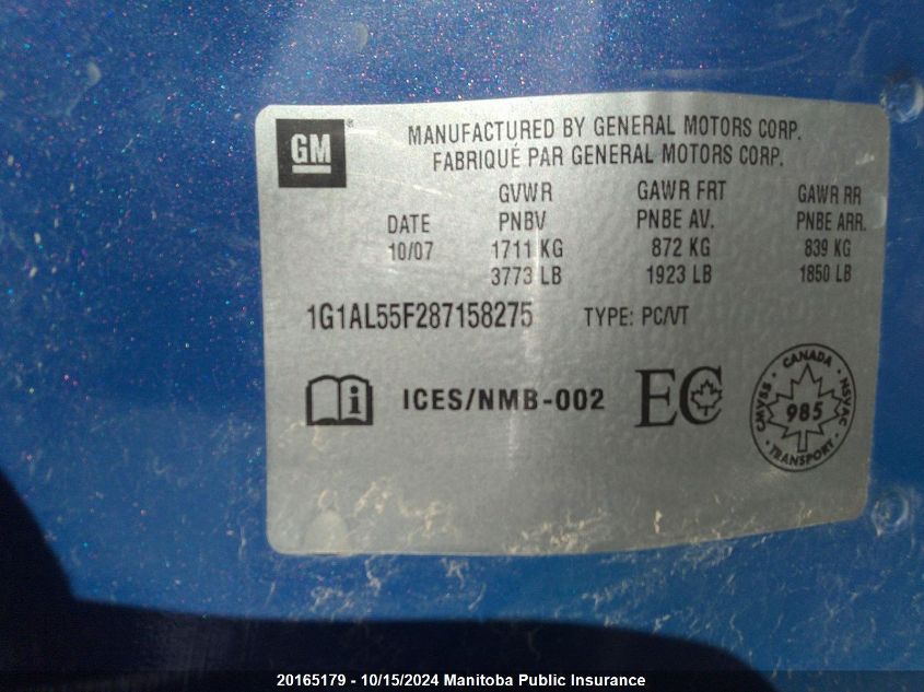 2008 Chevrolet Cobalt Lt VIN: 1G1AL55F287158275 Lot: 20165179