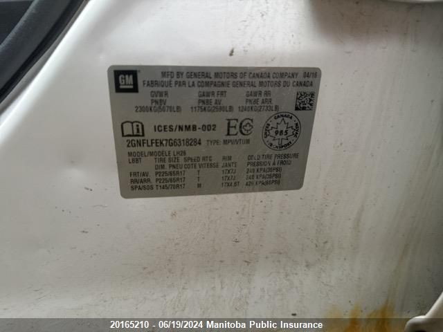 2016 Chevrolet Equinox Lt VIN: 2GNFLFEK7G6318284 Lot: 20165210