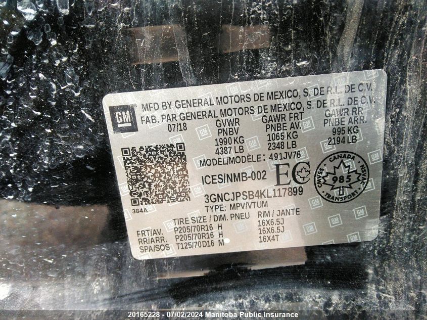 2019 Chevrolet Trax Lt VIN: 3GNCJPSB4KL117899 Lot: 20165228