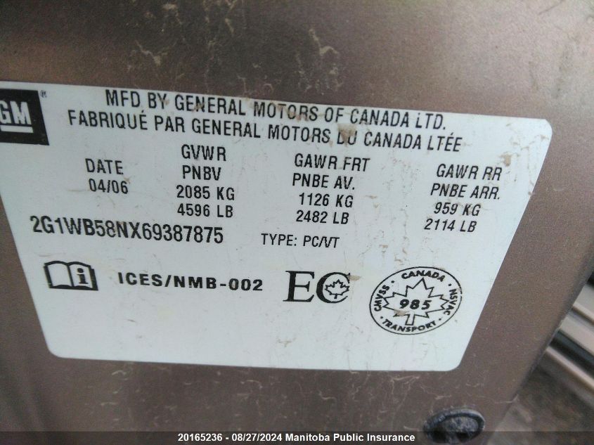 2006 Chevrolet Impala Ls V6 VIN: 2G1WB58NX69387875 Lot: 20165236