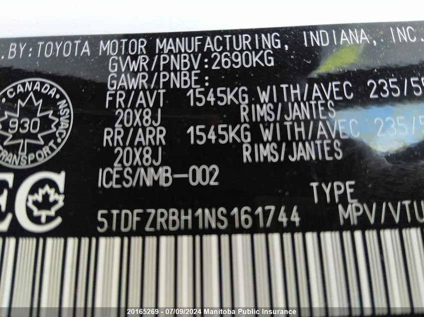 2022 Toyota Highlander Limited V6 VIN: 5TDFZRBH1NS161744 Lot: 20165269