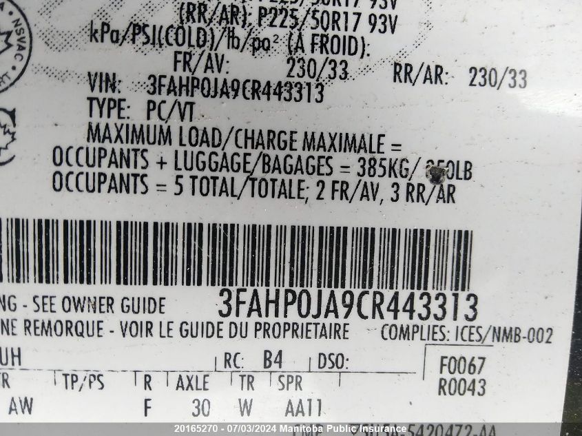 2012 Ford Fusion Sel VIN: 3FAHP0JA9CR443313 Lot: 20165270