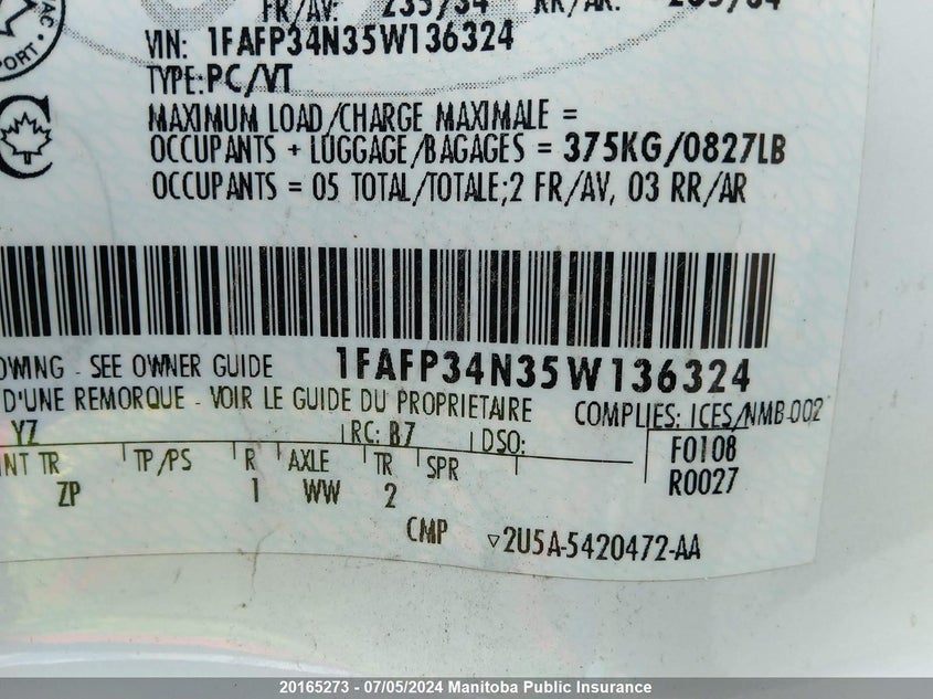 2005 Ford Focus Zx4 Ses VIN: 1FAFP34N35W136324 Lot: 20165273