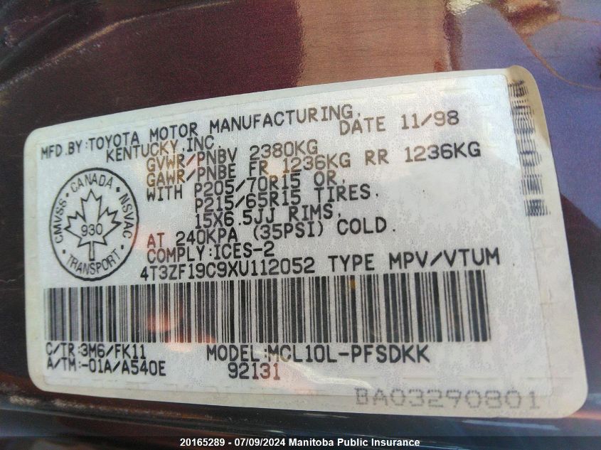 1999 Toyota Sienna Ce V6 VIN: 4T3ZF19C9XU112052 Lot: 20165289