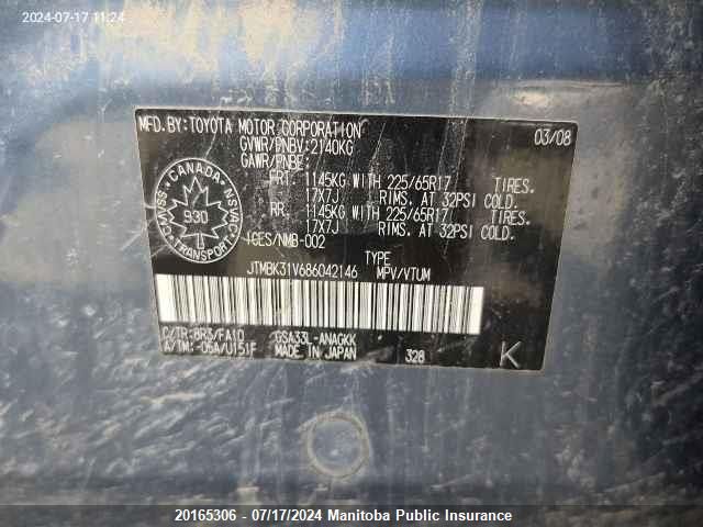 2008 Toyota Rav4 Limited V6 VIN: JTMBK31V686042146 Lot: 20165306