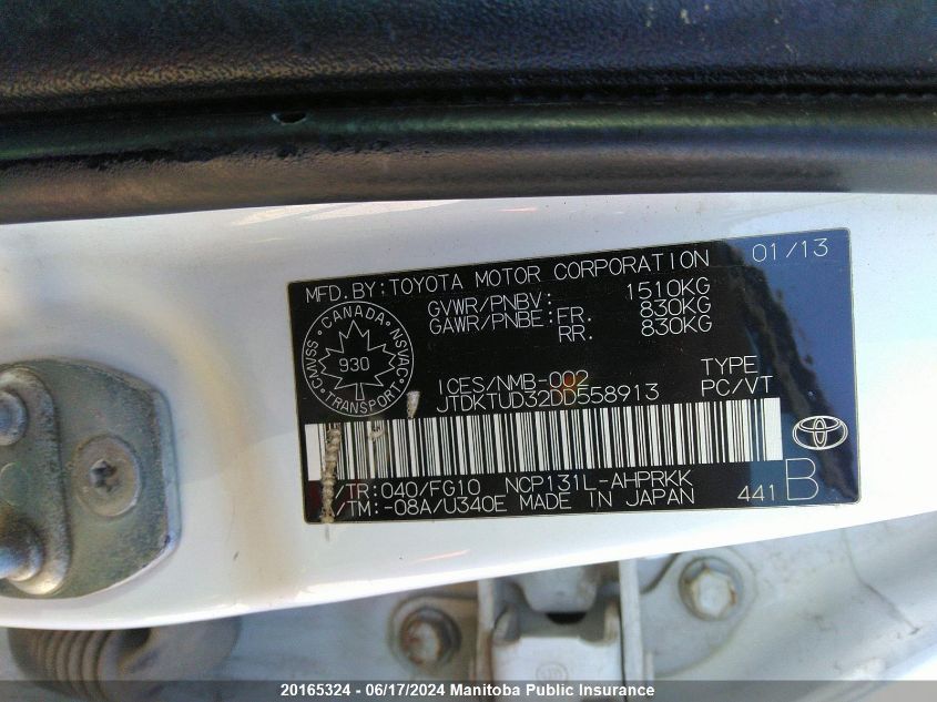 2013 Toyota Yaris Le VIN: JTDKTUD32DD558913 Lot: 20165324