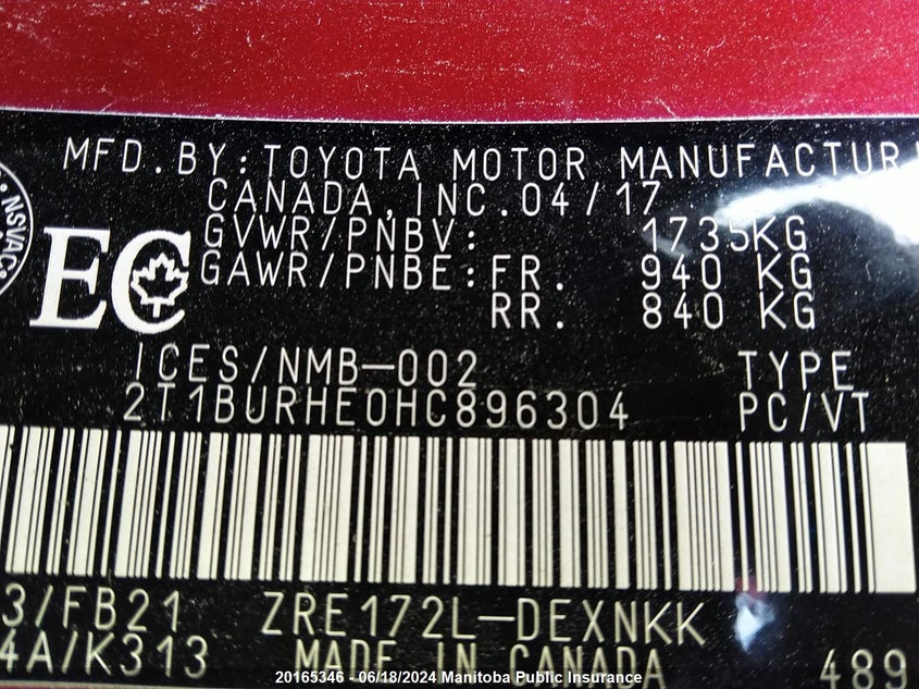 2017 Toyota Corolla Le VIN: 2T1BURHE0HC896304 Lot: 20165346