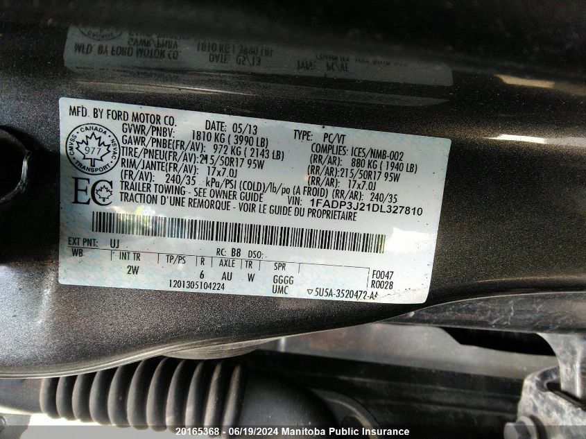 2013 Ford Focus Titanium VIN: 1FADP3J21DL327810 Lot: 20165368