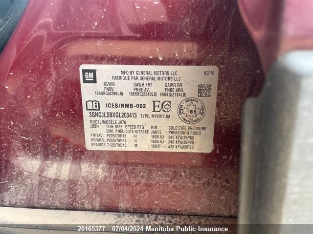 2016 Chevrolet Trax Lt VIN: 3GNCJLSBXGL203413 Lot: 20165377