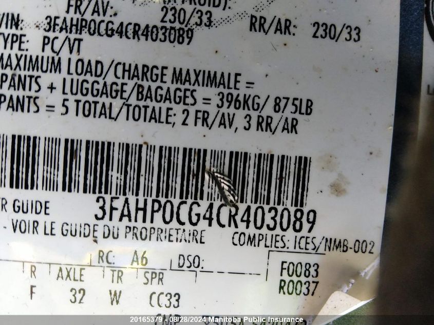 2012 Ford Fusion Sel V6 VIN: 3FAHP0CG4CR403089 Lot: 20165379