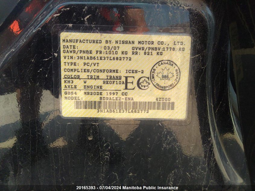 2007 Nissan Sentra 2.0 VIN: 3N1AB61E37L682772 Lot: 20165393