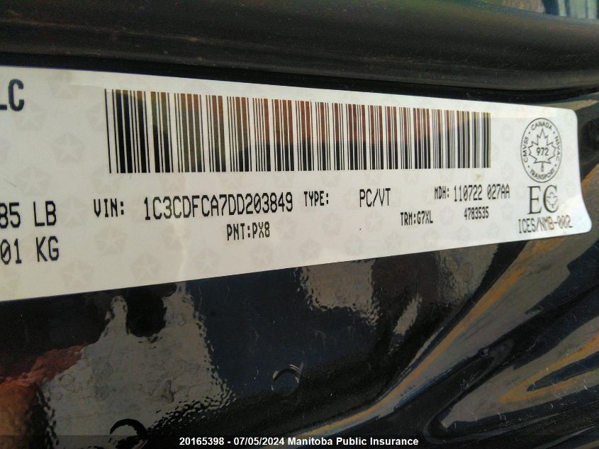 2013 Dodge Dart Limited VIN: 1C3CDFCA7DD203849 Lot: 20165398