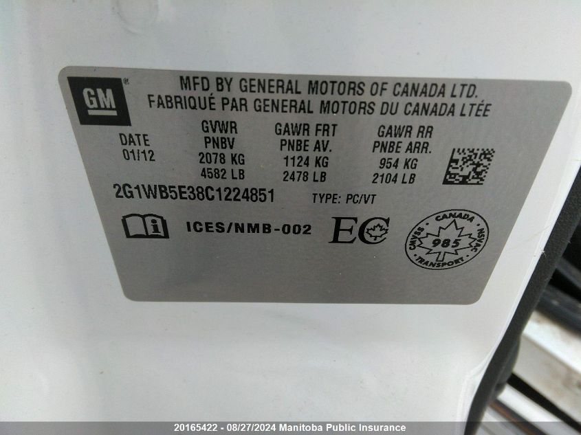 2012 Chevrolet Impala Lt V6 VIN: 2G1WB5E38C1224851 Lot: 20165422