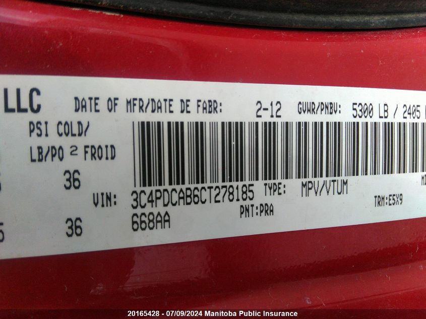 2012 Dodge Journey Cvp VIN: 3C4PDCAB6CT278185 Lot: 20165428