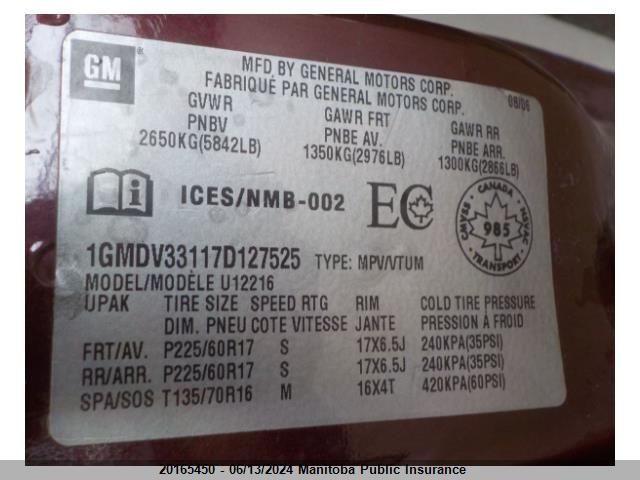 2007 Pontiac Montana Sv6 Ext VIN: 1GMDV33117D127525 Lot: 20165450