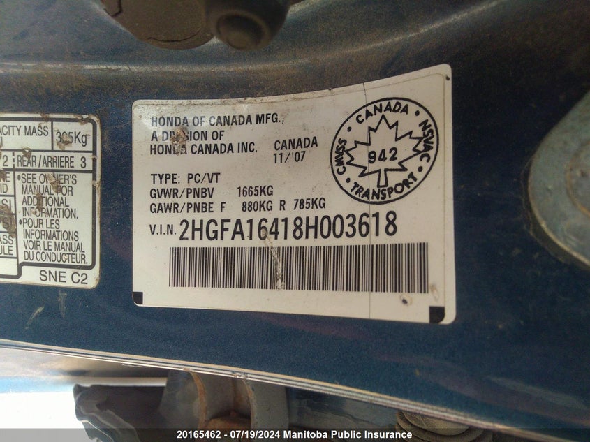 2008 Honda Civic Dx-G VIN: 2HGFA16418H003618 Lot: 20165462