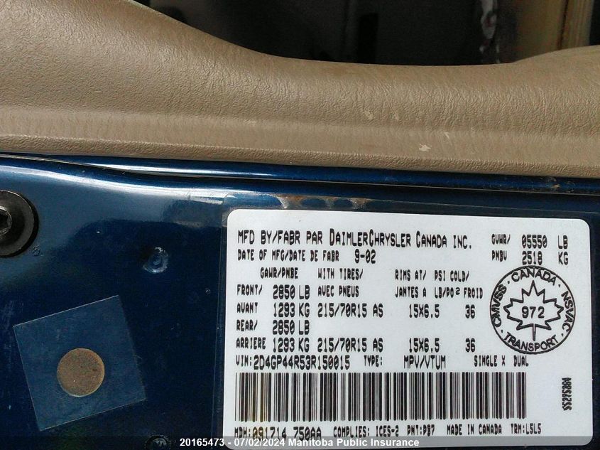 2003 Dodge Grand Caravan Sport VIN: 2D4GP44R53R150015 Lot: 20165473