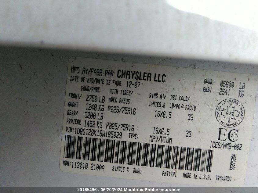 2008 Dodge Nitro Se VIN: 1D8GT28K18W185029 Lot: 20165496