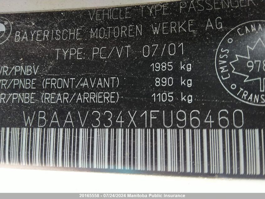 2001 BMW 325I VIN: WBAAV334X1FU96460 Lot: 20165558