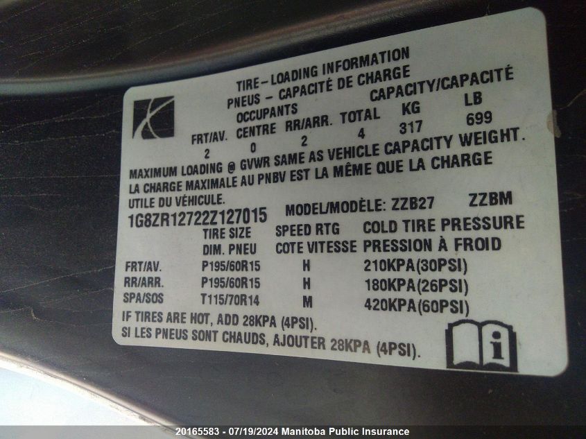 2002 Saturn Sc2 VIN: 1G8ZR12722Z127015 Lot: 20165583