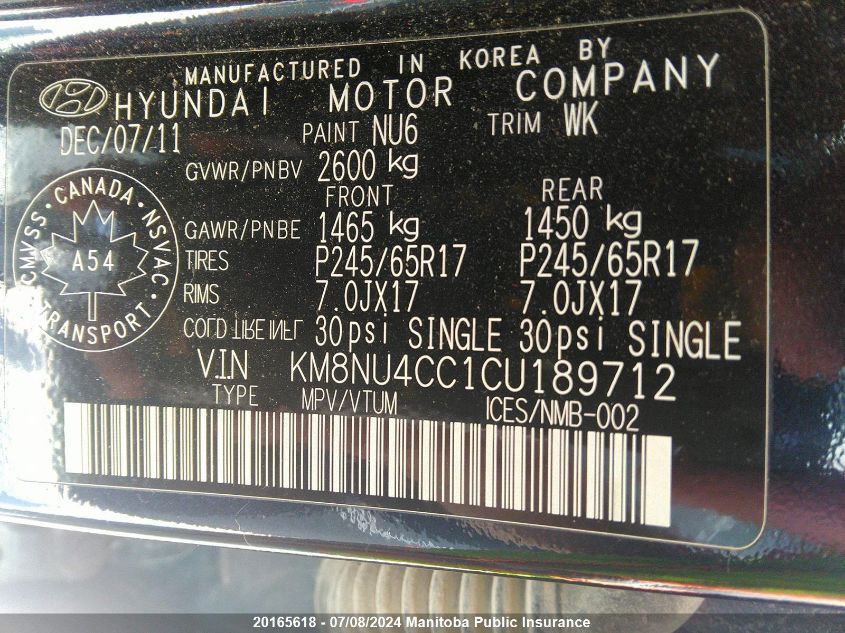 2012 Hyundai Veracruz Gl V6 VIN: KM8NU4CC1CU189712 Lot: 20165618