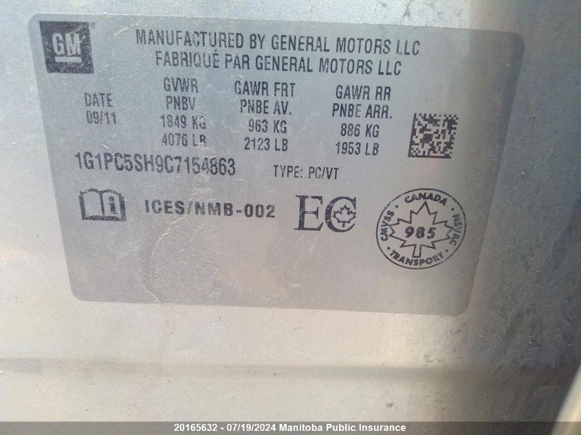 2012 Chevrolet Cruze Ls VIN: 1G1PC5SH9C7154863 Lot: 20165632