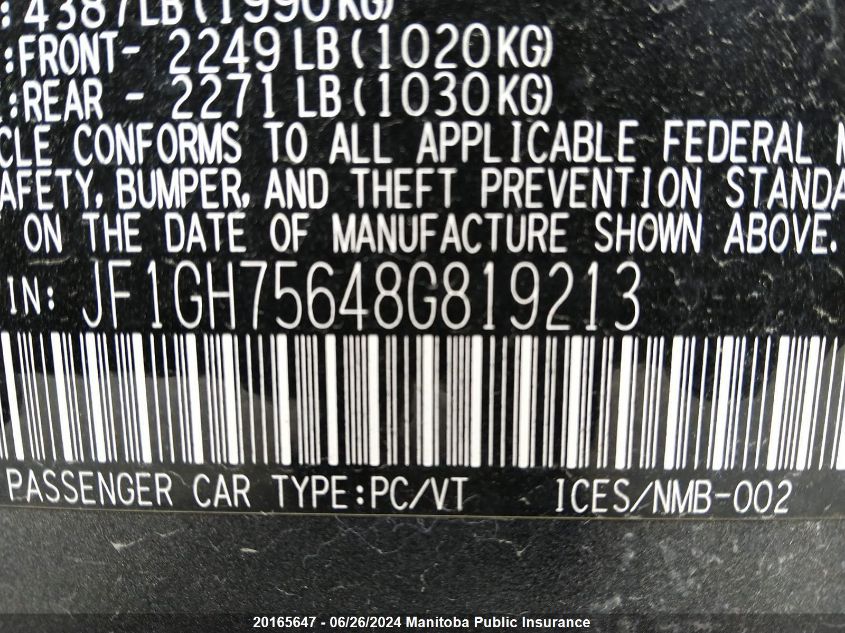 2008 Subaru Impreza Wrx VIN: JF1GH75648G819213 Lot: 20165647