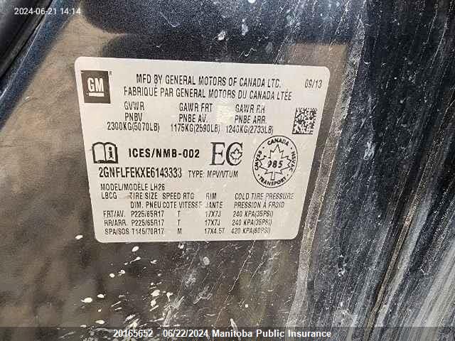 2014 Chevrolet Equinox Lt VIN: 2GNFLFEKXE6143333 Lot: 20165652