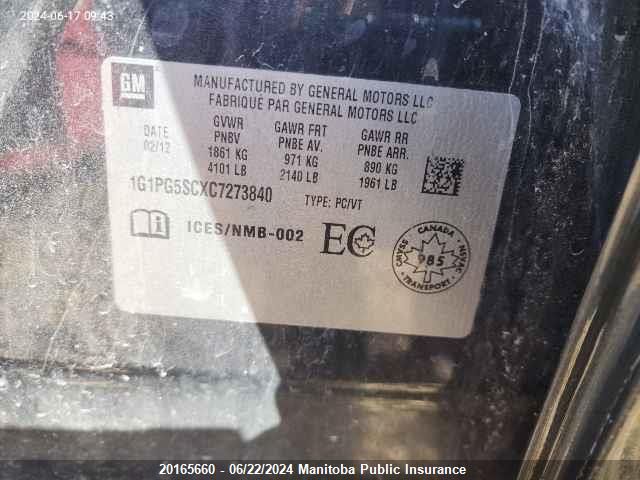 2012 Chevrolet Cruze Lt Turbo VIN: 1G1PG5SCXC7273840 Lot: 20165660