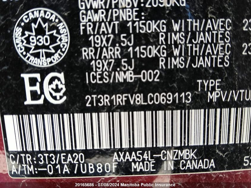 2020 Toyota Rav4 Xle VIN: 2T3R1RFV8LC069113 Lot: 20165686