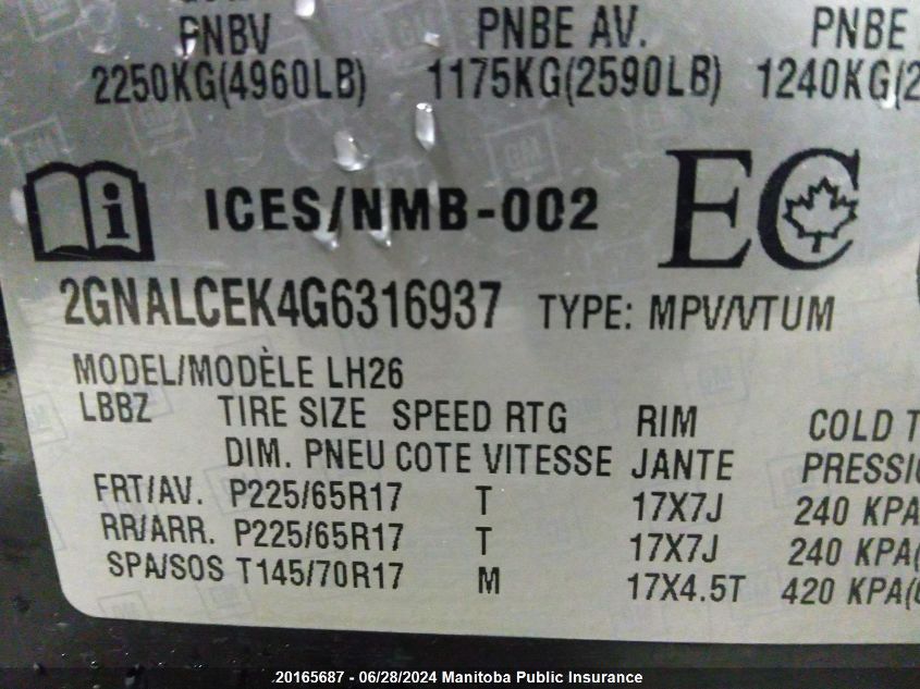 2016 Chevrolet Equinox Lt VIN: 2GNALCEK4G6316937 Lot: 20165687